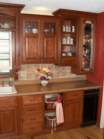 Open shelf in base cabinet upper custom cabinet